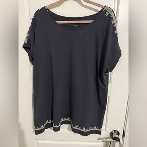 J Jill Women's Gray Boho Embroidered Cotton Scoop Neck T-shirt Relaxed Sz 0X